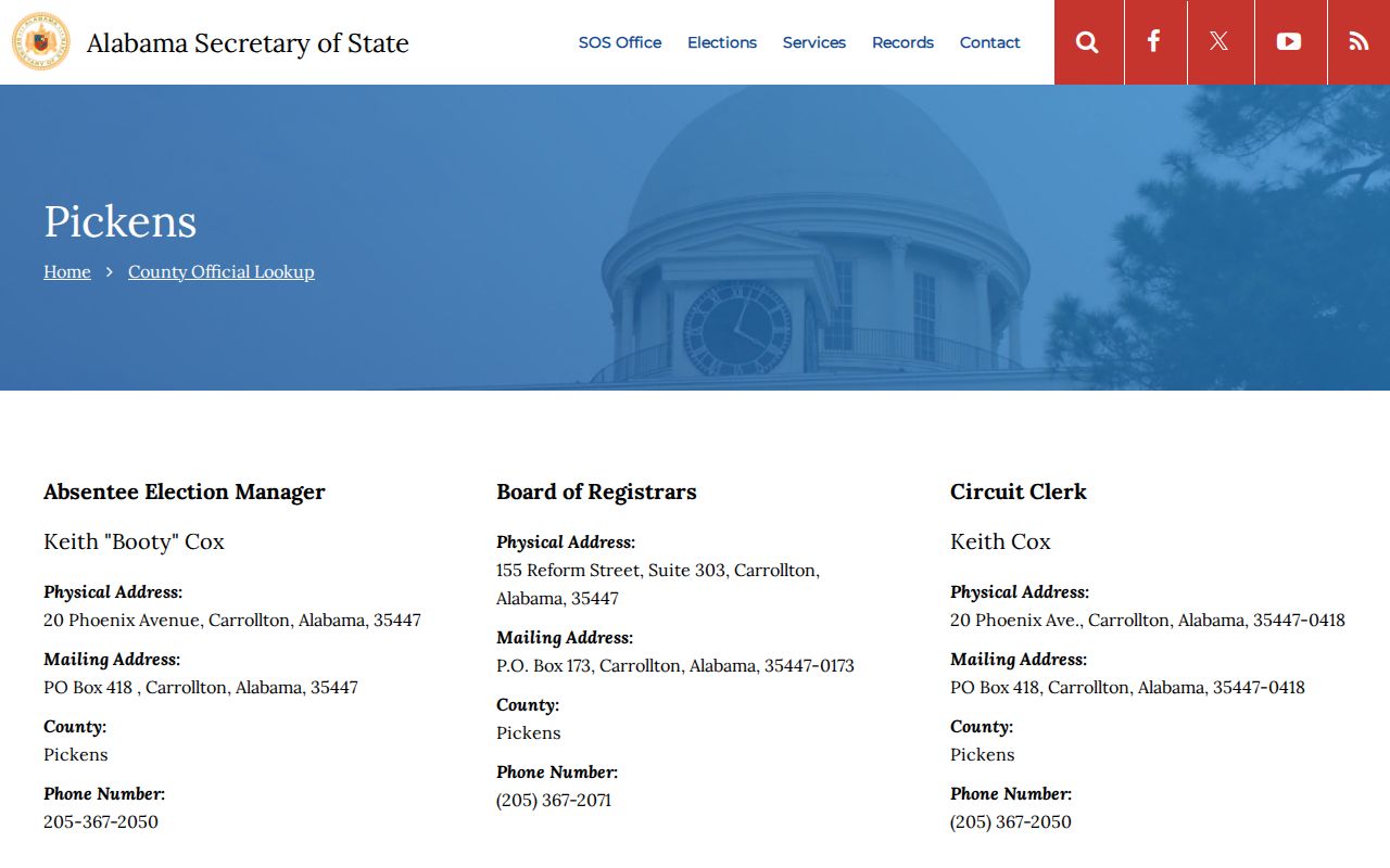 Alabama Secretary of State Pickens County lookup used to verify current warrant-related officials