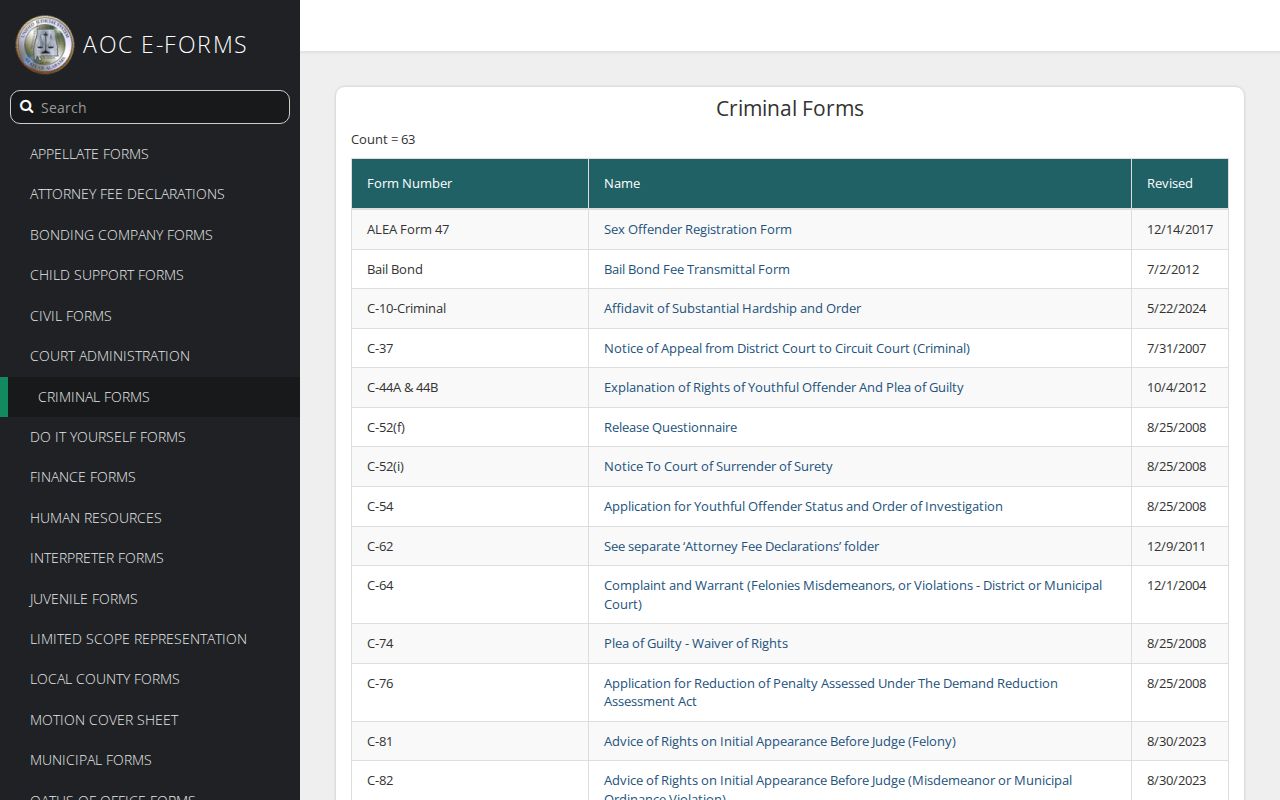 Alabama court criminal forms page showing warrant and release form resources