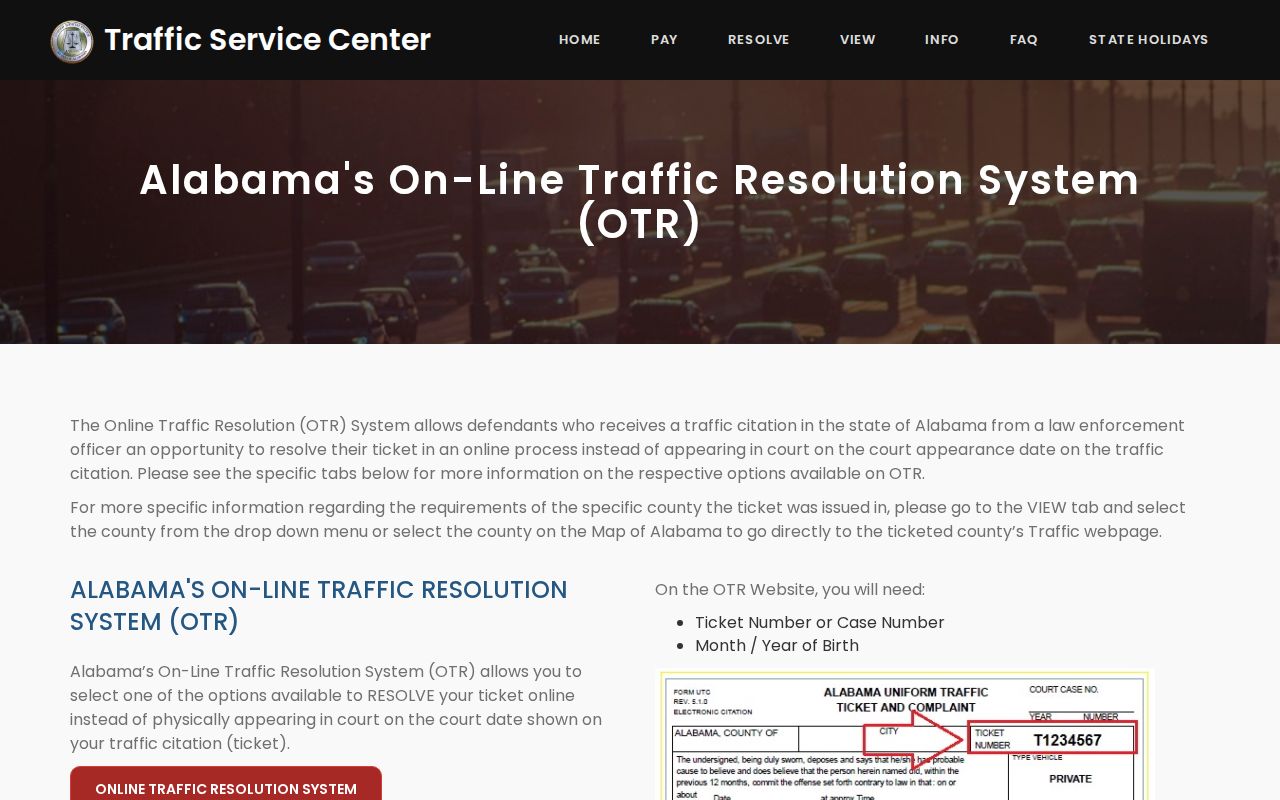 Alabama Traffic Service Center citation resolution workflow used for eligible Pickens County cases