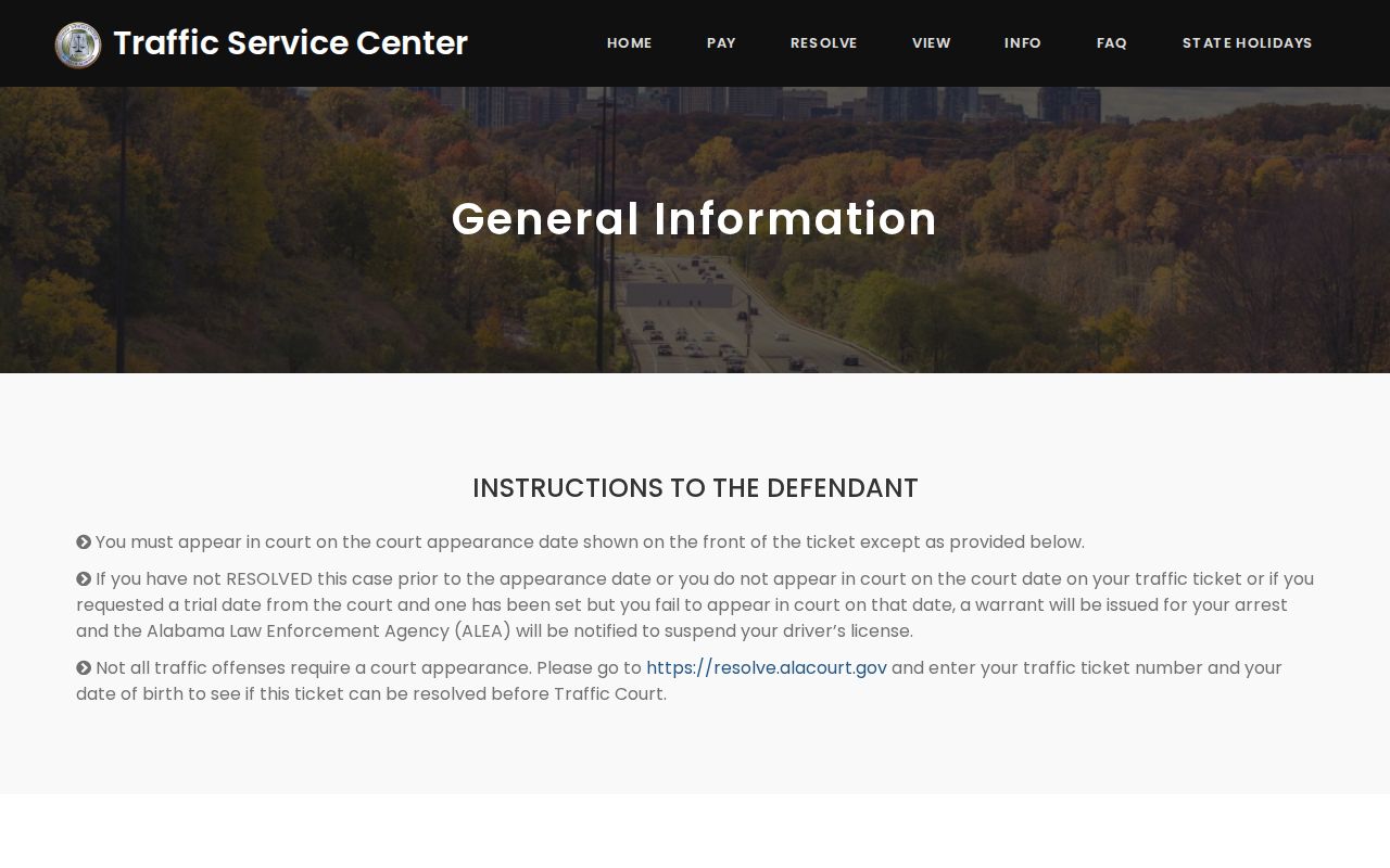 Official Alabama traffic information warning about failure-to-appear and license consequences