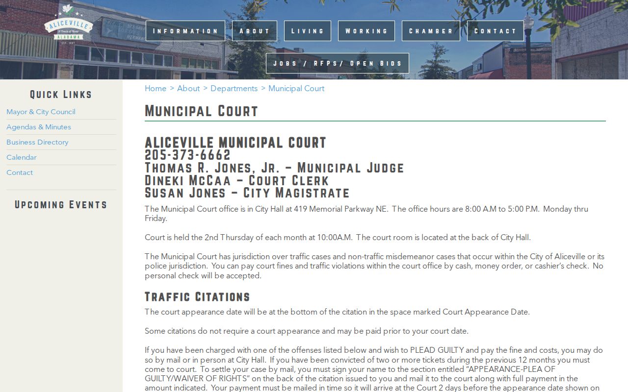 Aliceville Municipal Court page with court contact and failure-to-appear information