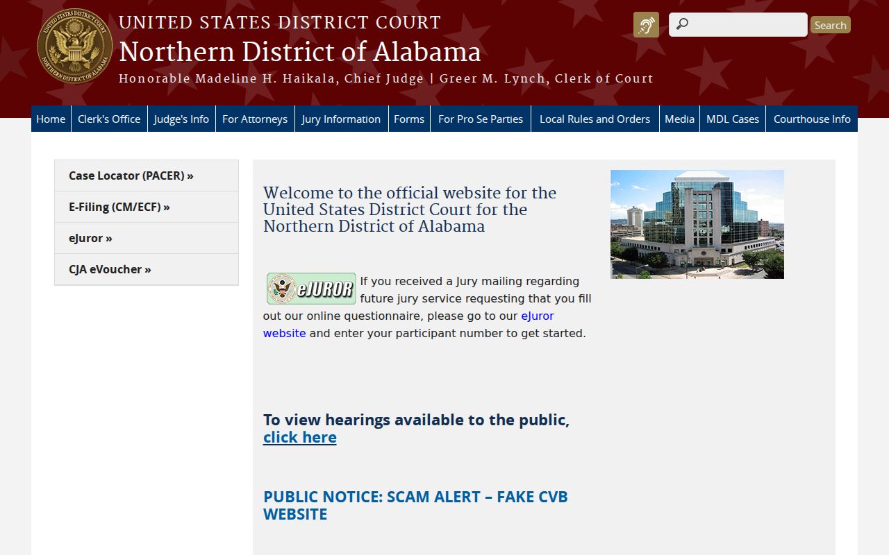 Northern District of Alabama official federal court website showing the jurisdiction separate from Pickens County warrants