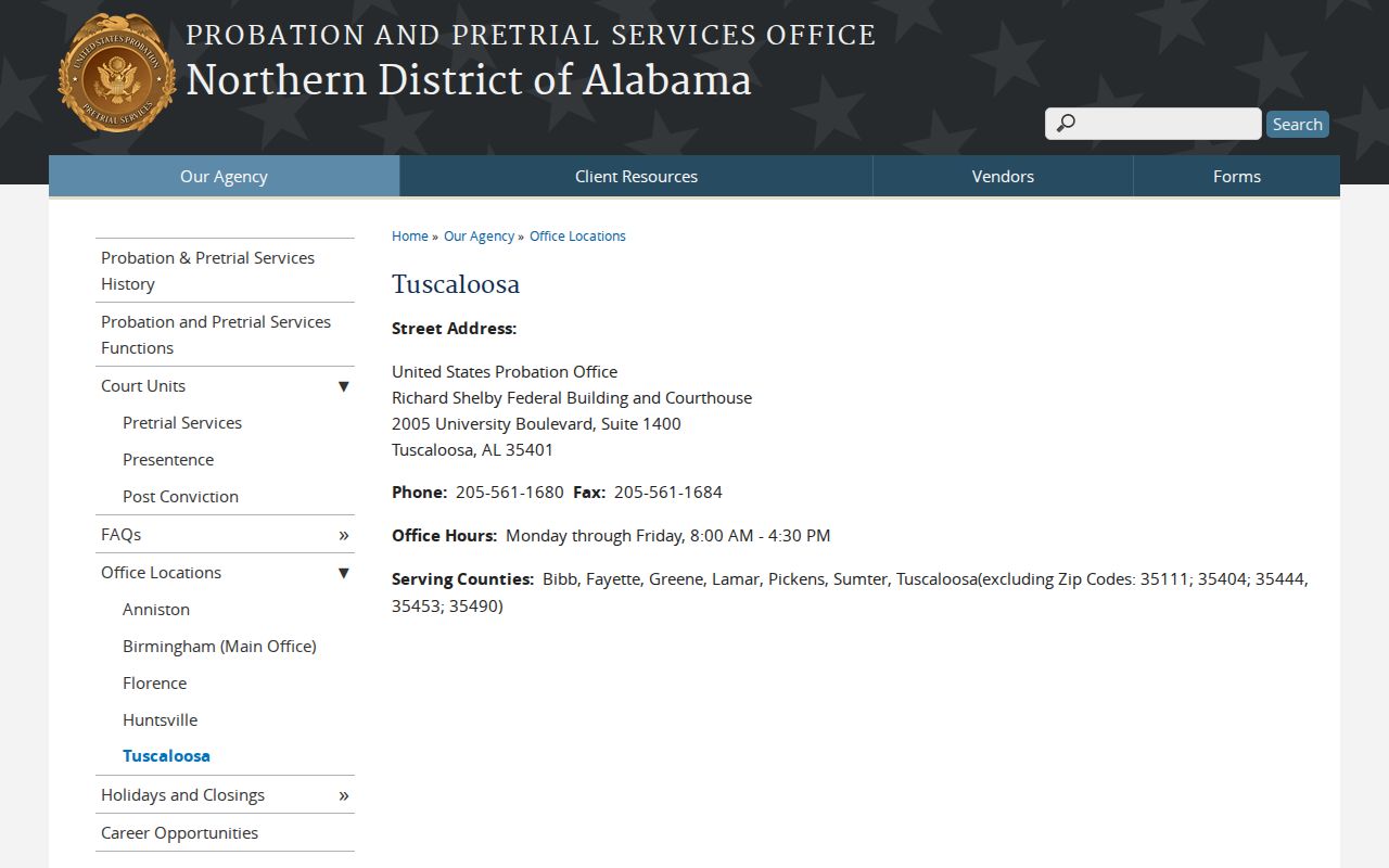 Federal Probation and Pretrial Services Tuscaloosa office serving Pickens County