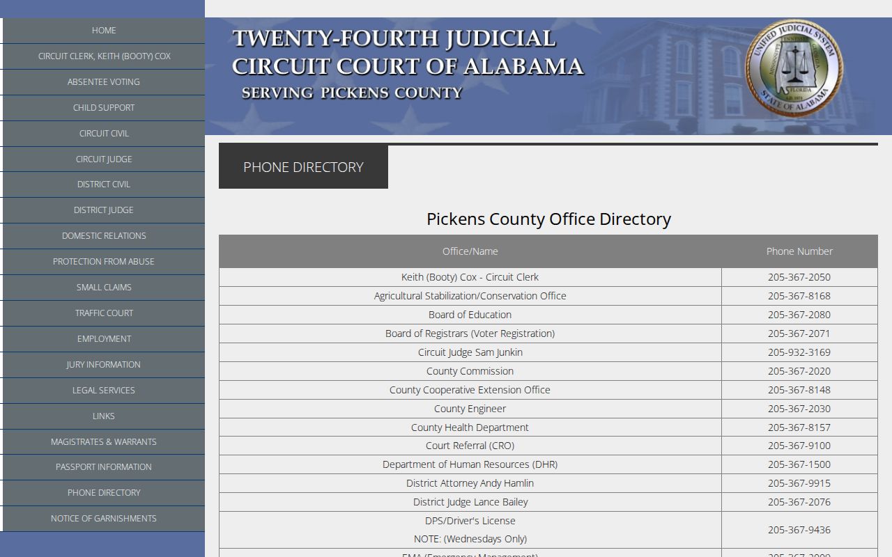 Pickens County warrant records official court contact directory