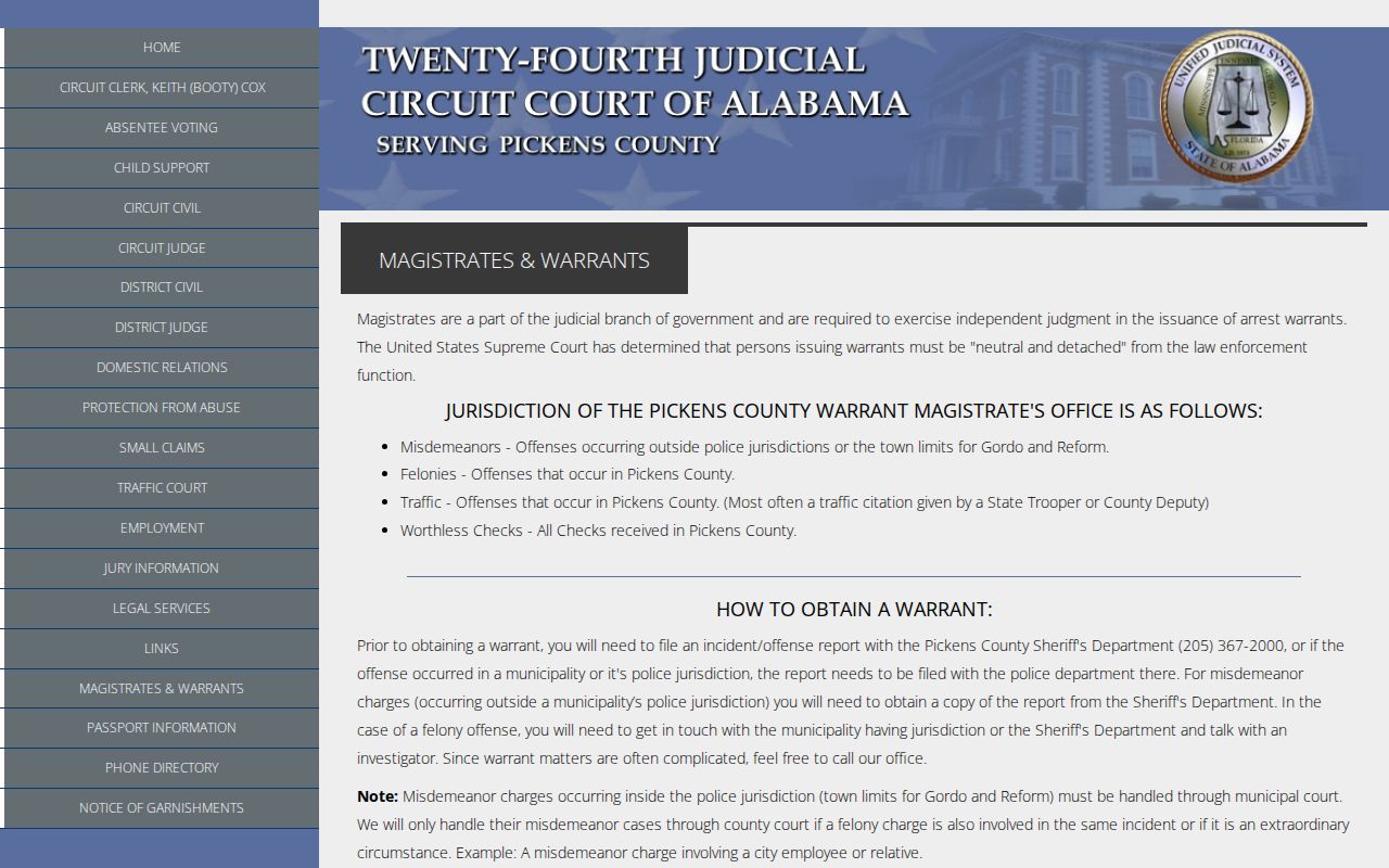 Pickens County warrant records magistrates and warrants guidance